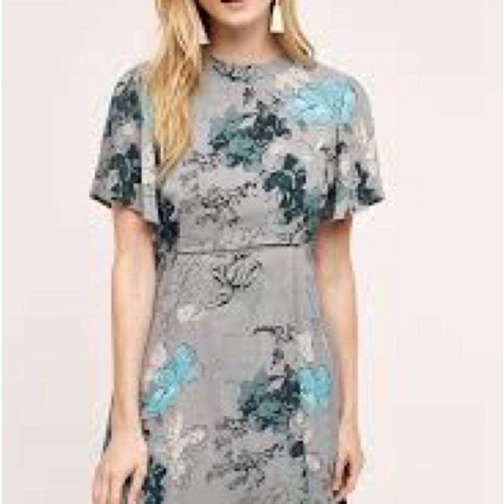Anthropologie Elliot Mockneck Petite Floral Gray Blur Dress Size 4P
